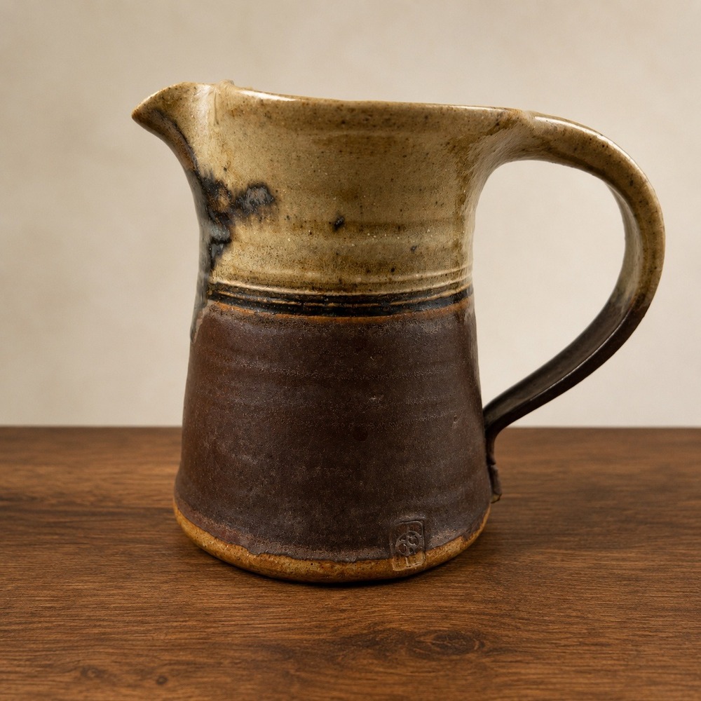 Vtg Handmade Stoneware Pitcher Brown Tan Drip Glaze Signed Studio Pottery